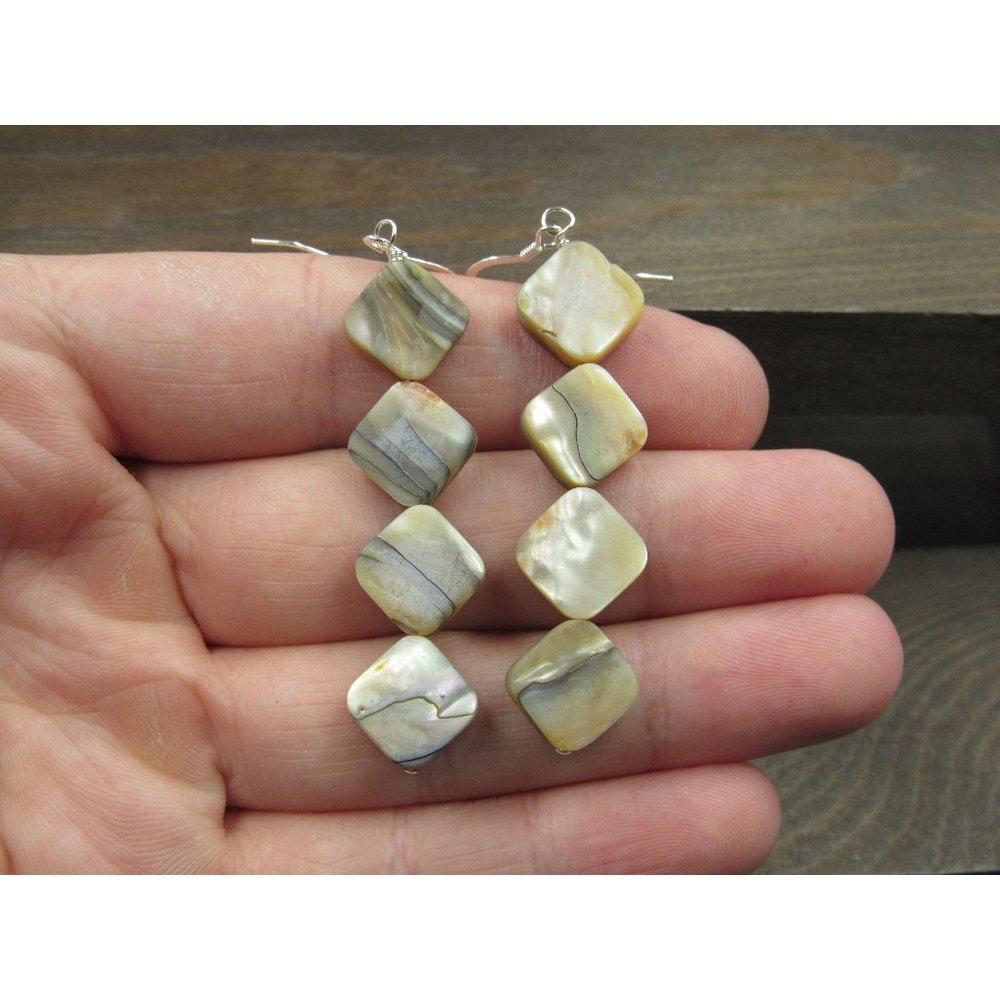 Sterling Silver Four Square Shell Dangle Earrings… - image 1